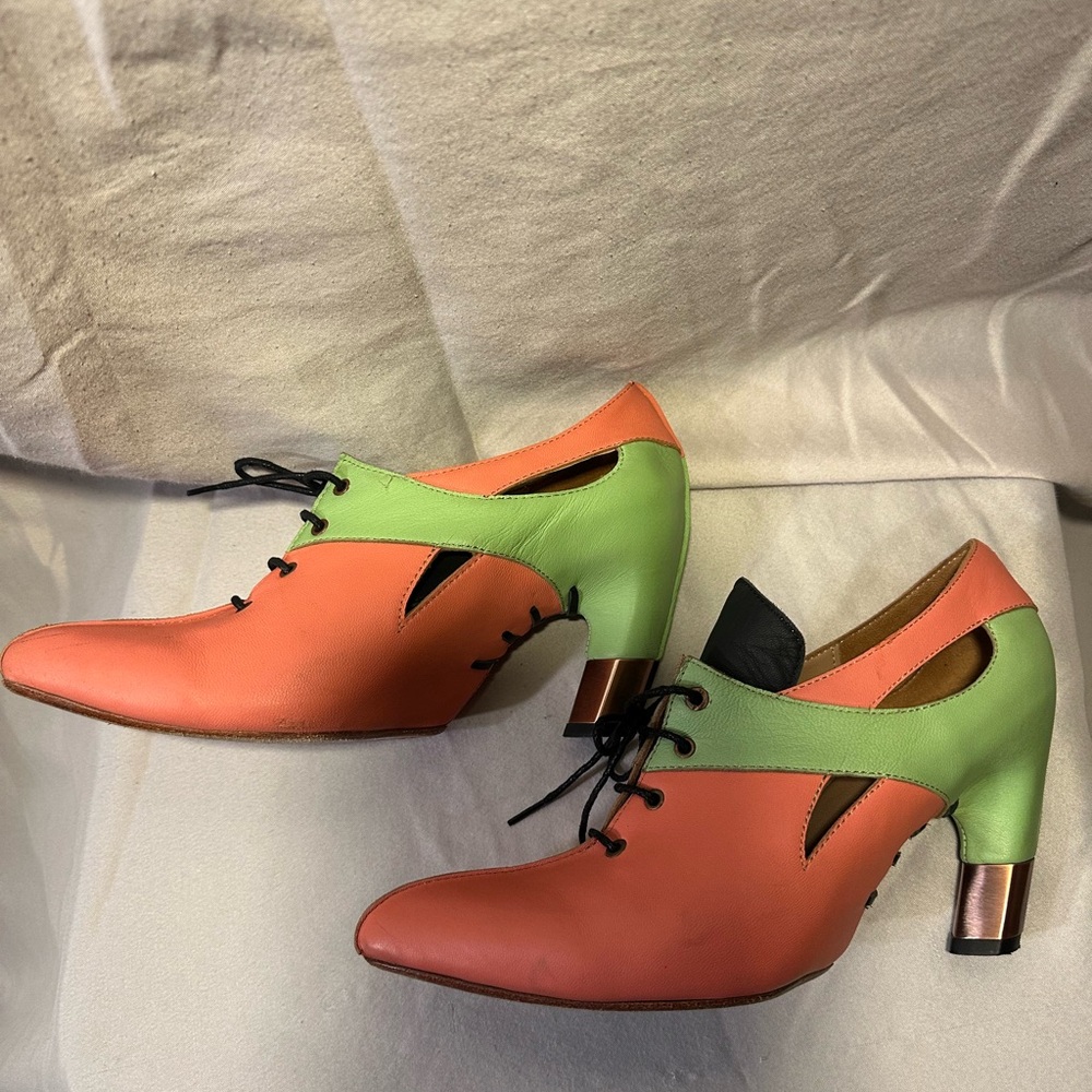 John Fluevog Coral and Green Lace-Up Boots